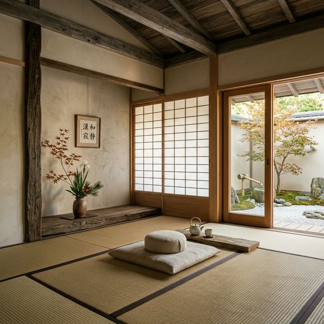 Japanese-inspired interior, paper screens, soft daylight.