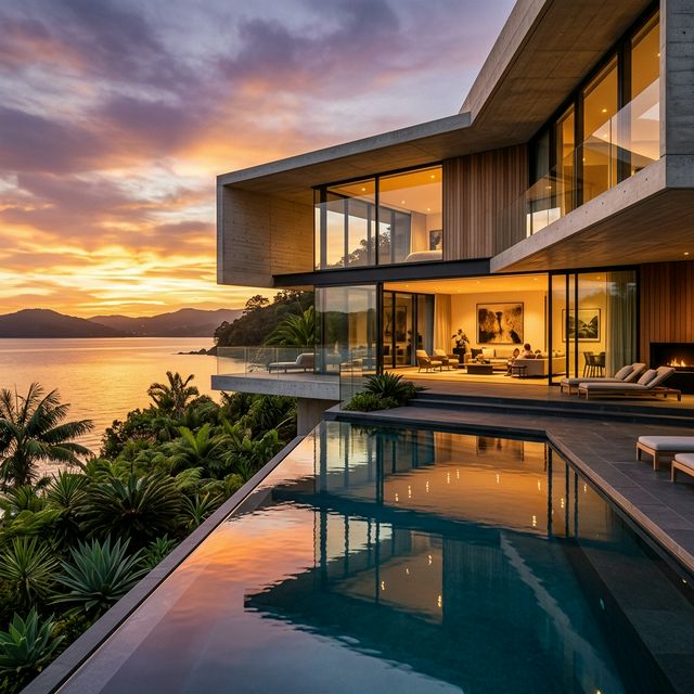 Waterfront villa, dusk, calm reflective lake.